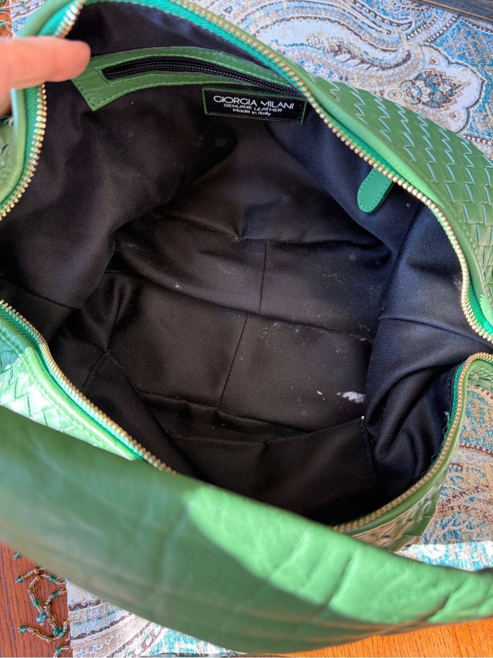 Giorgia Milani Leather Hobo Bag Made In Italy Green Woven - Picture 7 of 11